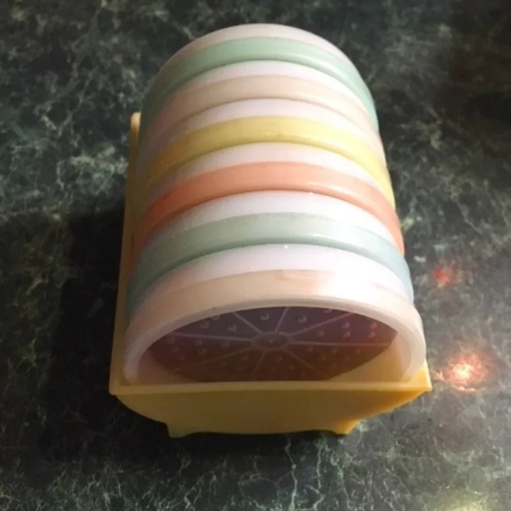 VTG 70's Pastel Plastic Tupperware Drink Coasters Set of 6 w/Cradle